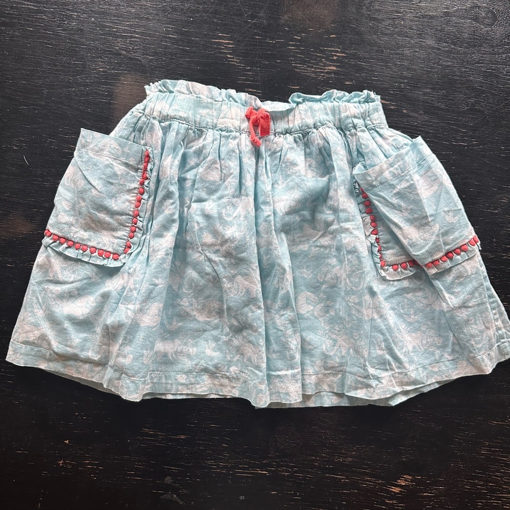 Boden light Blue Floral Girls Skirt with Coral Trim